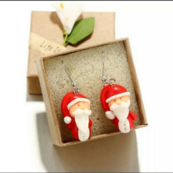 Red Holiday Christmas Santa Claus Clay Dangle Drop Earrings - Picture 3 of 7